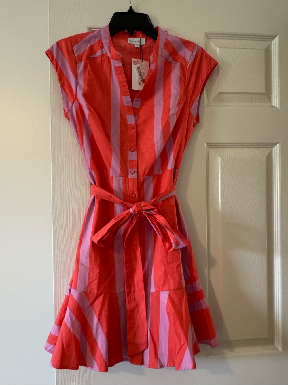 Sugarlips Coral Red & Light Pink Striped Button Tie-Waist Dress